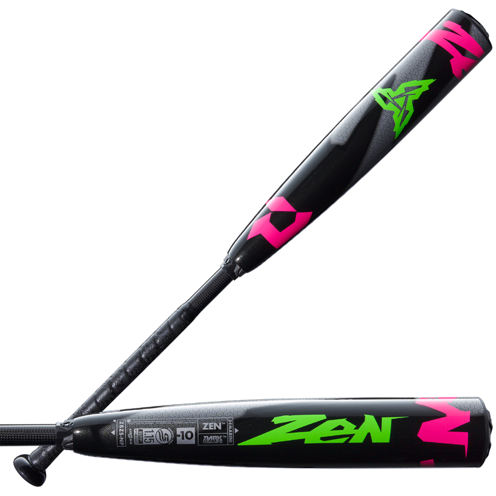 Two 2025 DeMarini ZEN Limited Edition (-10) USSSA baseball bats feature composite barrels, textured grips, neon green and pink graphics, and bold "ZEN" branding. Their sleek black design stands out against a white background.