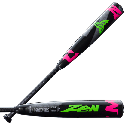 Two 2025 DeMarini ZEN Limited Edition (-10) USSSA baseball bats feature composite barrels, textured grips, neon green and pink graphics, and bold "ZEN" branding. Their sleek black design stands out against a white background.