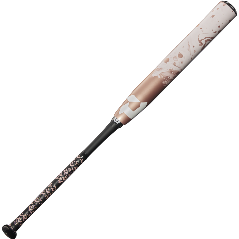 The 2025 DeMarini Whisper (-10) Fastpitch Softball Bat (WBD2544010) by DeMarini features a black handle, metallic pink and white barrel with abstract designs, and is crafted with continuous fiber composite against a plain white background.