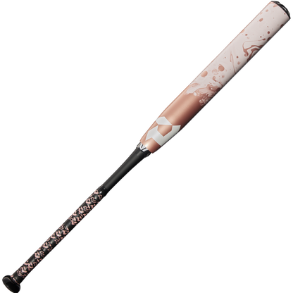 The 2025 DeMarini Whisper (-10) Fastpitch Softball Bat (WBD2544010) by DeMarini features a black handle, metallic pink and white barrel with abstract designs, and is crafted with continuous fiber composite against a plain white background.