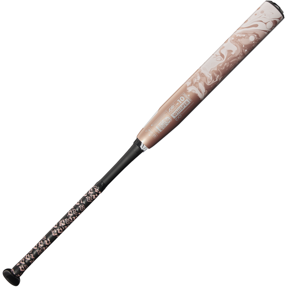 The 2025 DeMarini Whisper (-10) Fastpitch Softball Bat (WBD2544010) features a pink and black marbled barrel and handle, crafted with continuous fiber composite, and is shown on a white background.