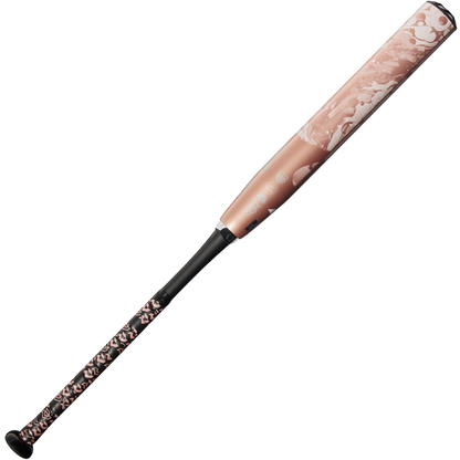 The 2025 DeMarini Whisper (-10) Fastpitch Softball Bat (WBD2544010) features a metallic pink barrel with a marbled pink and white design, black handle, and abstract pink, black, and white grip area. Made with continuous fiber composite construction.