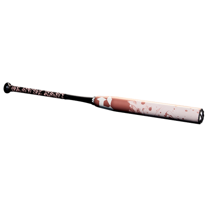 A 2025 DeMarini Whisper (-10) Fastpitch Softball Bat (WBD2544010) by DeMarini in black and pink, with a patterned handle and pink/white splatter barrel design, made from continuous fiber composite, shown on a white background.