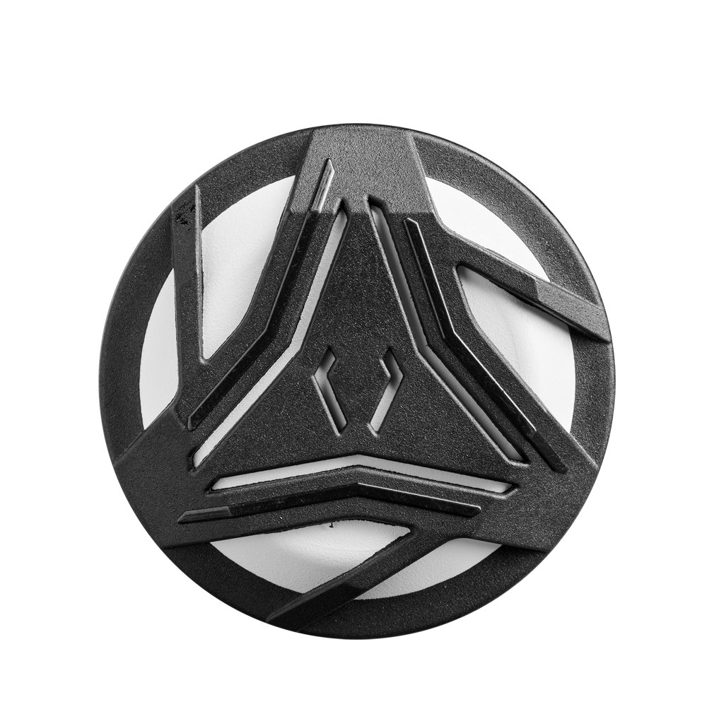 A round black and white object with a geometric, futuristic design of intersecting lines, inspired by the advanced engineering of the DeMarini 2025 Whisper (-10) Fastpitch Softball Bat (WBD2544010), shown from above against a white background.