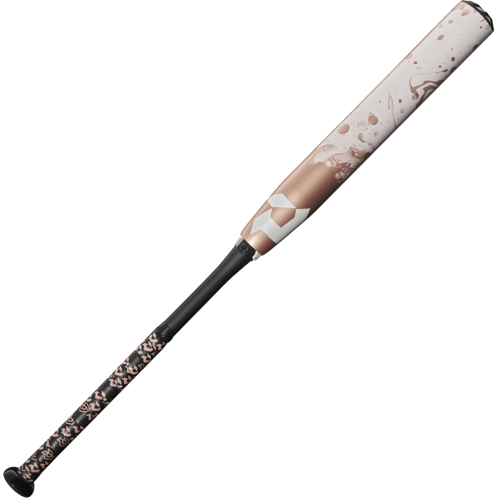 The 2025 DeMarini Whisper (-9) Fastpitch Softball Bat: WBD2545010 (DEMO) features a rose gold, pink, and white design with abstract patterns and an Amplified Gapped Wall Barrel made from Continuous Fiber Composite for enhanced performance.
