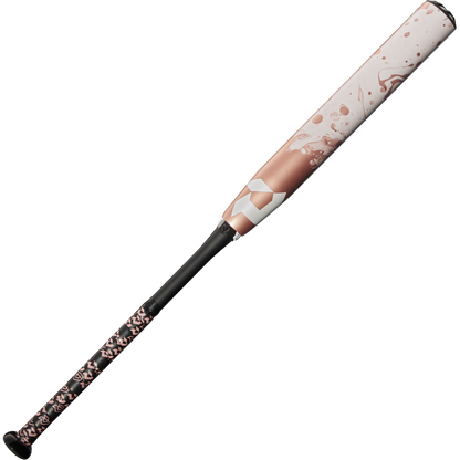 The 2025 DeMarini Whisper (-9) Fastpitch Softball Bat: WBD2545010 (DEMO) features a rose gold, pink, and white design with abstract patterns and an Amplified Gapped Wall Barrel made from Continuous Fiber Composite for enhanced performance.