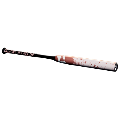 The 2025 DeMarini Whisper (-9) Fastpitch Softball Bat (WBD2545010 DEMO) features a black handle with a pink pattern, a white barrel with pink and red splatters, and is crafted from Continuous Fiber Composite for top performance.