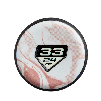 A round object with a white and pink marbled pattern and a central black-and-white emblem showing 33 over 24 oz in a home plate shape, echoing the iconic design of the 2025 DeMarini Whisper (-9) Fastpitch Softball Bat: WBD2545010 (DEMO).