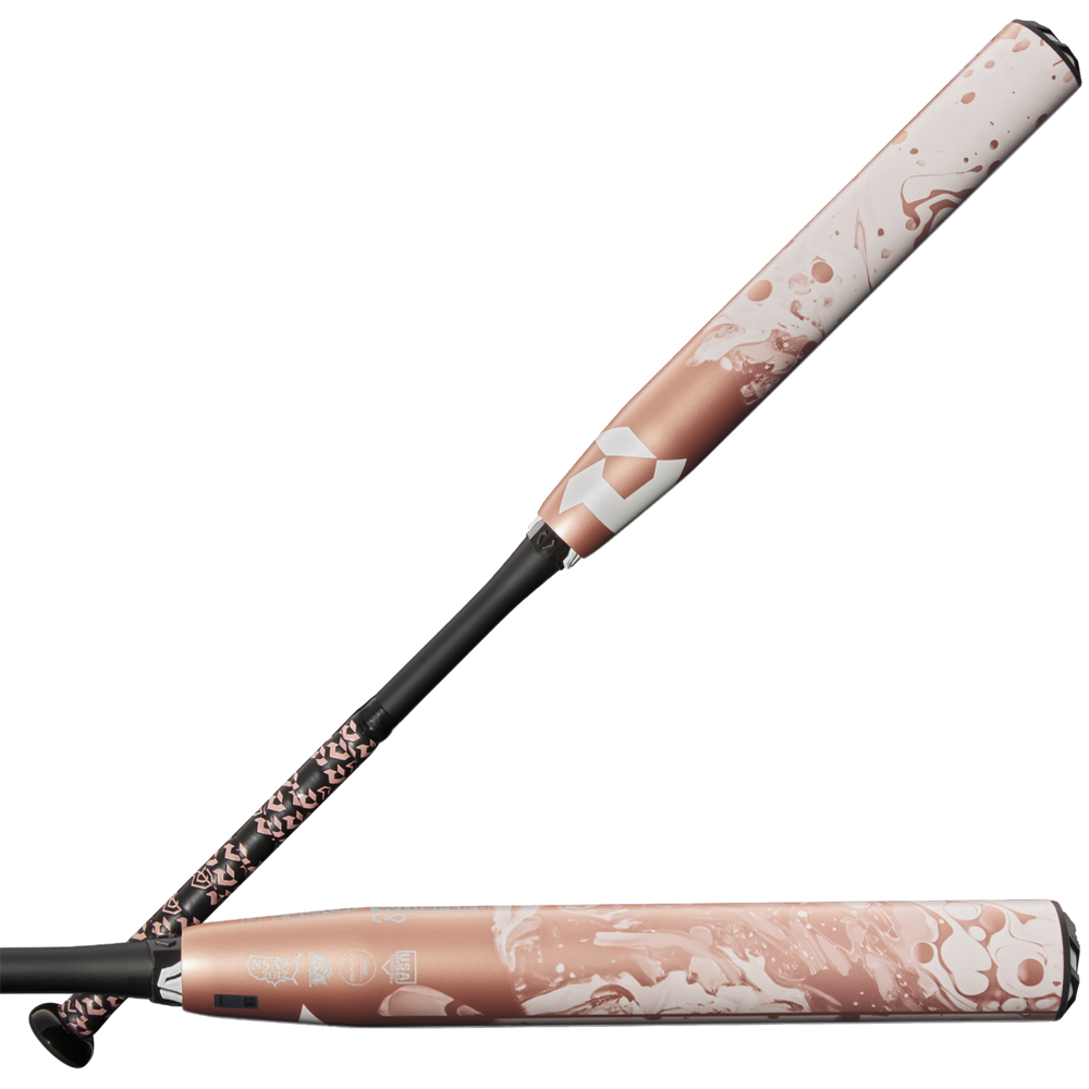 The 2025 DeMarini Whisper (-9) Fastpitch Softball Bat (WBD2545010 DEMO) features Amplified Gapped Wall Barrel technology and a white and pink design.