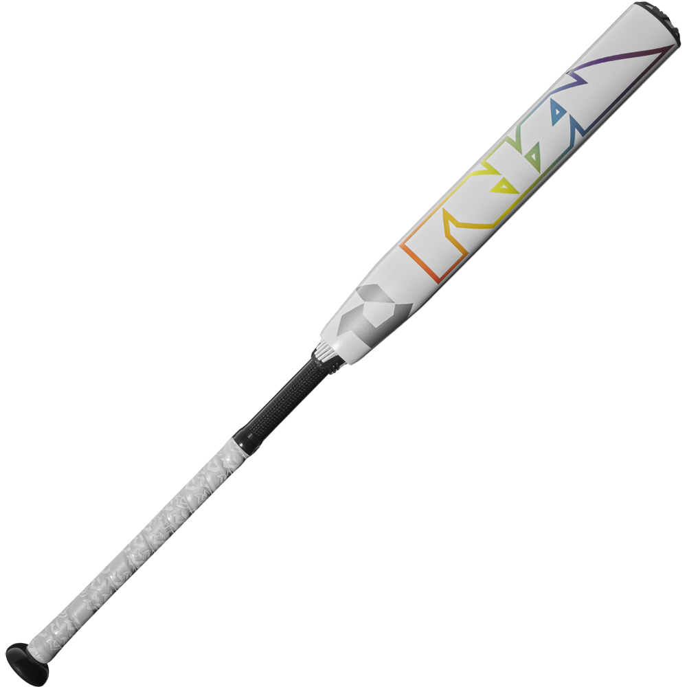 The used 2025 DeMarini Prism+ (-11) Fastpitch Softball Bat (WBD2547010) features a white design with a black grip and geometric rainbow accents, highlighting its Gapped Wall Barrel technology on a plain background.