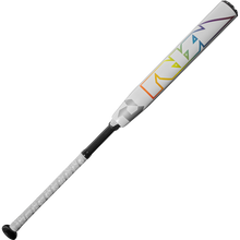 The used 2025 DeMarini Prism+ (-11) Fastpitch Softball Bat (WBD2547010) features a white design with a black grip and geometric rainbow accents, highlighting its Gapped Wall Barrel technology on a plain background.