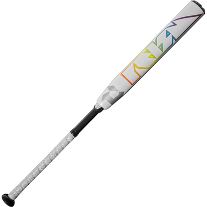 The used 2025 DeMarini Prism+ (-11) Fastpitch Softball Bat (WBD2547010) features a white design with a black grip and geometric rainbow accents, highlighting its Gapped Wall Barrel technology on a plain background.