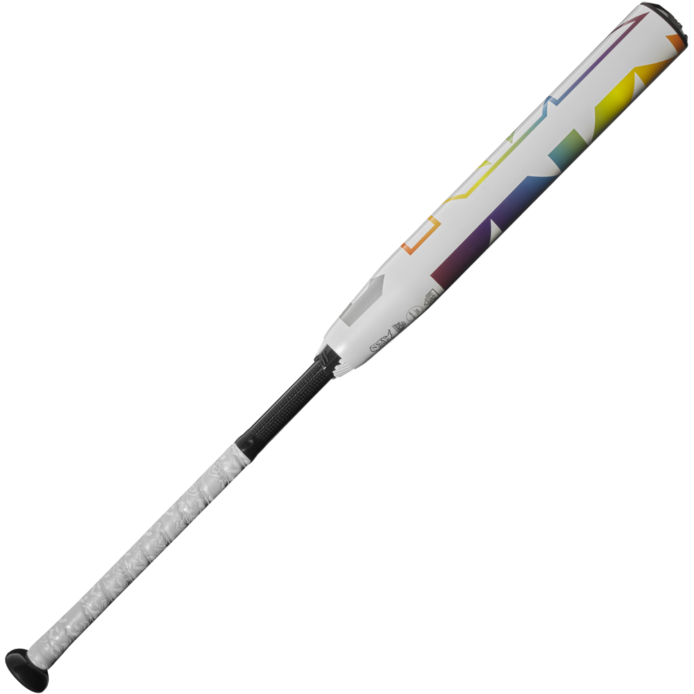 A used 2025 DeMarini Prism+ (-11) Fastpitch Softball Bat (WBD2547010) from DeMarini, white with a gray grip and colorful geometric barrel, features Continuous Fiber Composite technology and is shown on a plain white background.