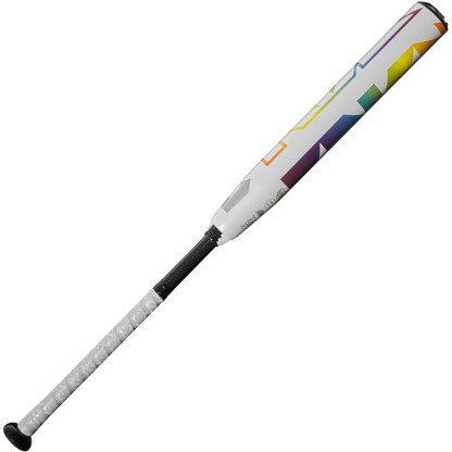 A used 2025 DeMarini Prism+ (-11) Fastpitch Softball Bat (WBD2547010) from DeMarini, white with a gray grip and colorful geometric barrel, features Continuous Fiber Composite technology and is shown on a plain white background.