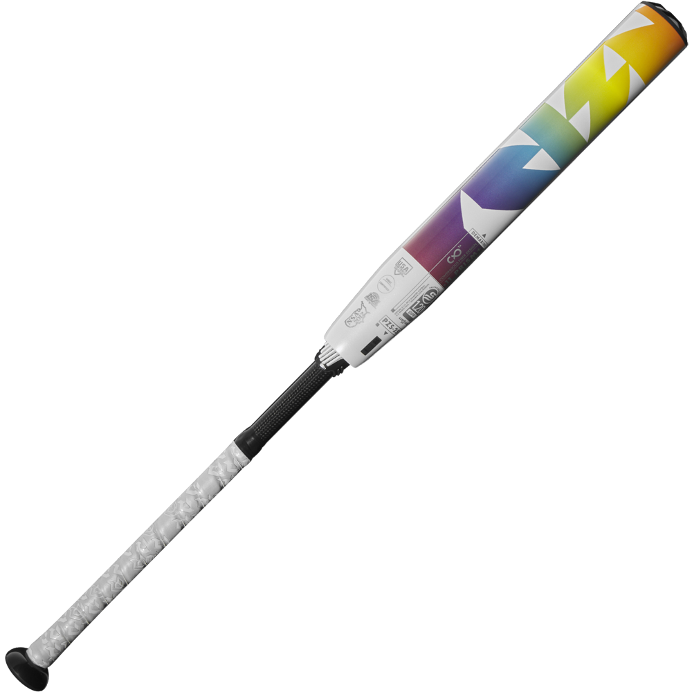 The 2025 DeMarini Prism+ (-11) Fastpitch Softball Bat (WBD2547010) features a black handle with white grip and a white barrel showcasing rainbow gradients and geometric shapes, inspired by its advanced Gapped Wall Barrel technology.