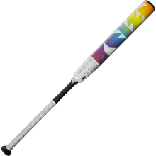 The 2025 DeMarini Prism+ (-11) Fastpitch Softball Bat (WBD2547010) features a black handle with white grip and a white barrel showcasing rainbow gradients and geometric shapes, inspired by its advanced Gapped Wall Barrel technology.