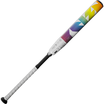 The 2025 DeMarini Prism+ (-11) Fastpitch Softball Bat (WBD2547010) features a black handle with white grip and a white barrel showcasing rainbow gradients and geometric shapes, inspired by its advanced Gapped Wall Barrel technology.