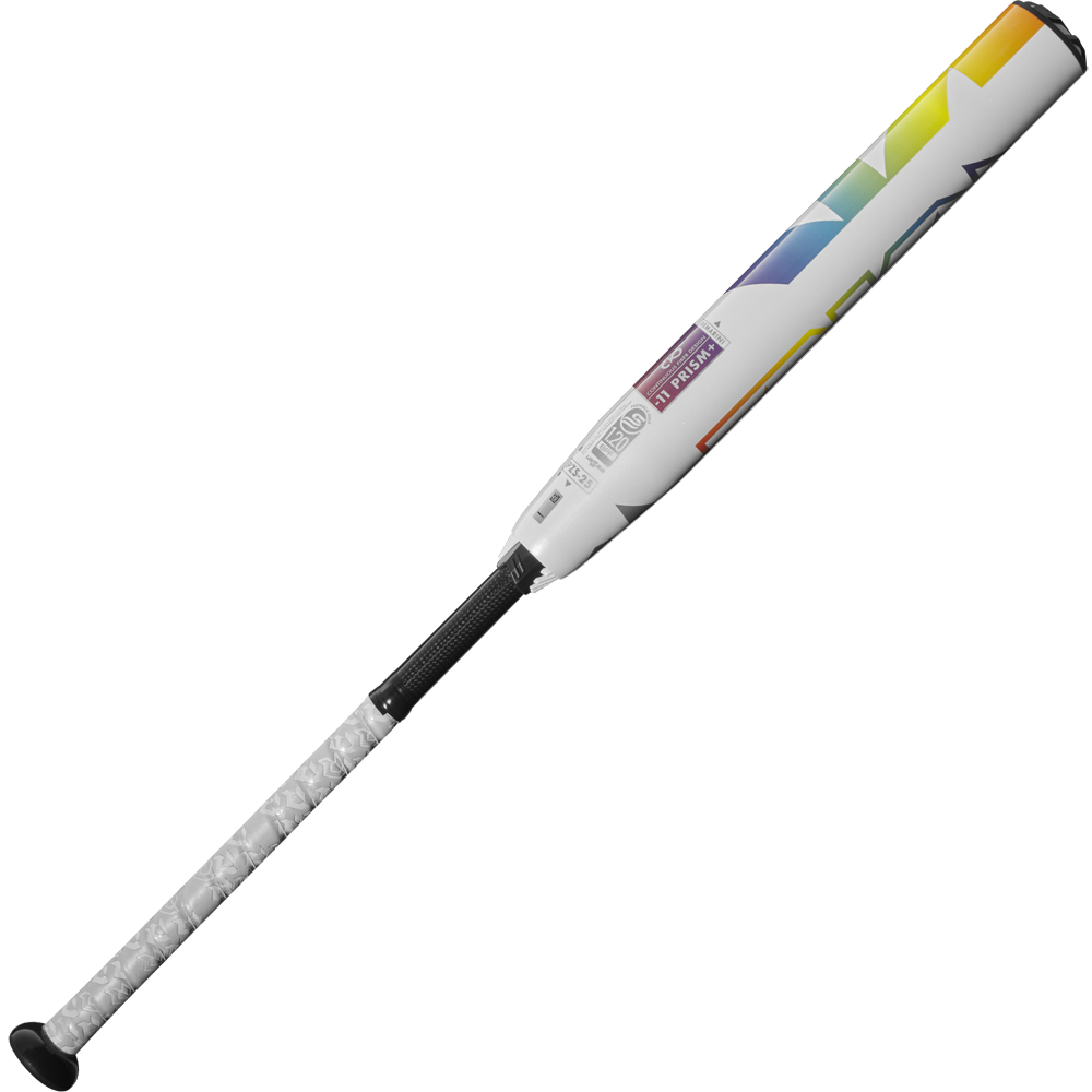 A used 2025 DeMarini Prism+ (-11) Fastpitch Softball Bat (WBD2547010) features a white design with a black grip and colorful geometric accents near the barrel, including a Gapped Wall Barrel, shown on a plain white background.