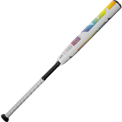 A used 2025 DeMarini Prism+ (-11) Fastpitch Softball Bat (WBD2547010) features a white design with a black grip and colorful geometric accents near the barrel, including a Gapped Wall Barrel, shown on a plain white background.