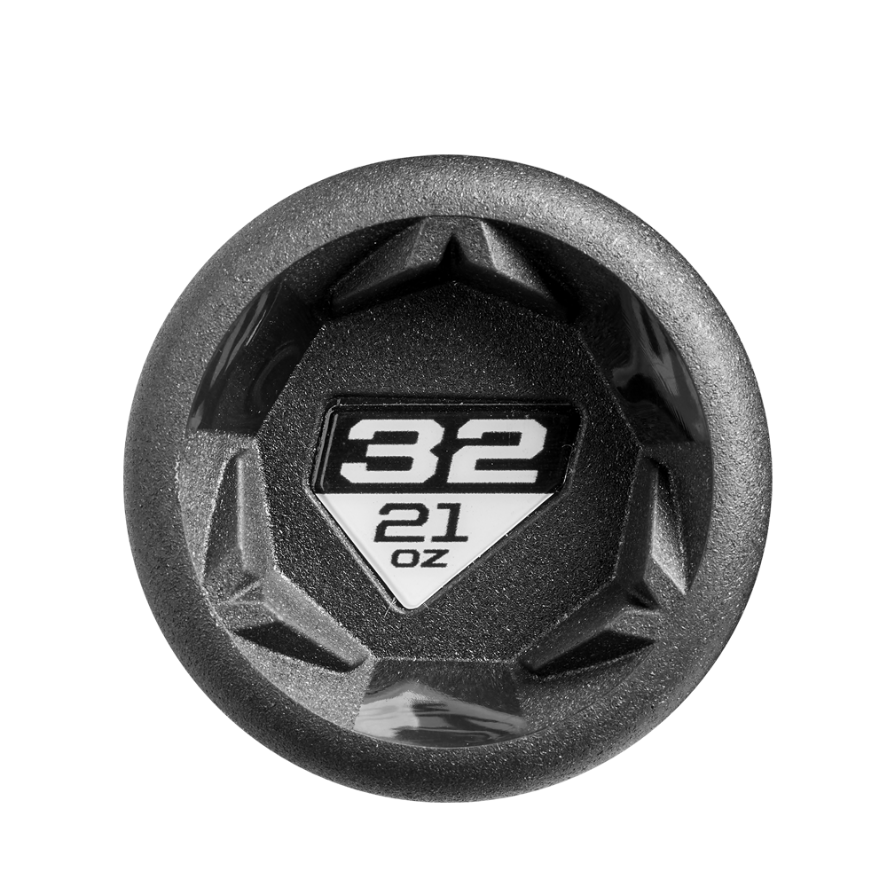 A black and gray textured weight plate marked "32" in bold white numbers above "21 oz" on a white background—reminiscent of the advanced design featured in the 2025 DeMarini Prism+ (-11) Fastpitch Softball Bat: WBD2547010 (USED).