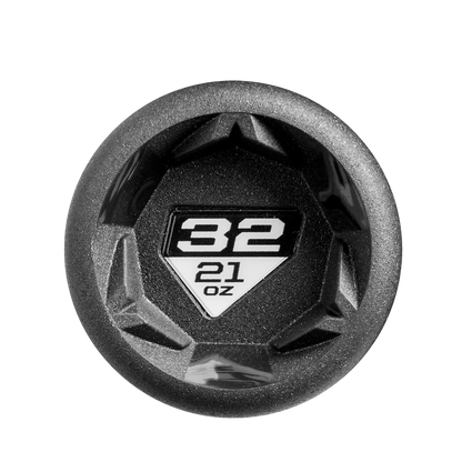 A black and gray textured weight plate marked "32" in bold white numbers above "21 oz" on a white background—reminiscent of the advanced design featured in the 2025 DeMarini Prism+ (-11) Fastpitch Softball Bat: WBD2547010 (USED).