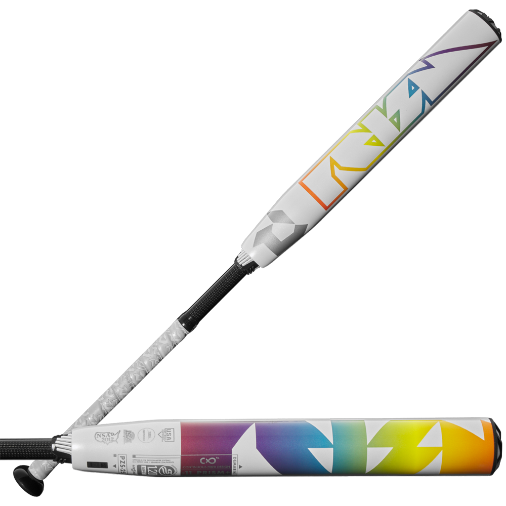 Two white 2025 DeMarini Prism+ (-11) Fastpitch Softball Bats (WBD2547010, USED) with black handles are shown. The barrels display geometric rainbow designs and highlight the Gapped Wall Barrel and Continuous Fiber Composite technologies.