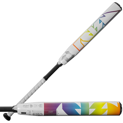Two white 2025 DeMarini Prism+ (-11) Fastpitch Softball Bats (WBD2547010, USED) with black handles are shown. The barrels display geometric rainbow designs and highlight the Gapped Wall Barrel and Continuous Fiber Composite technologies.