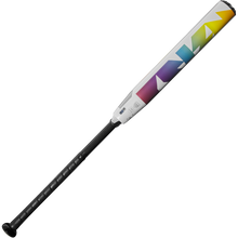 The 2025 DeMarini Prism+ (-10) Fastpitch Softball Bat (WBD2548010) features a white design with a black handle and colorful geometric barrel, offers a balanced swing weight, and uses Continuous Fiber Composite construction.