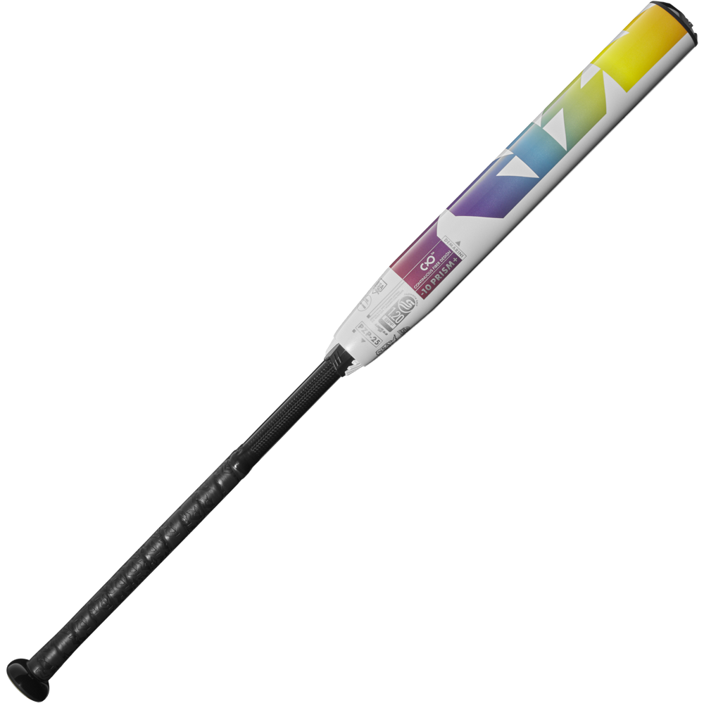 The 2025 DeMarini Prism+ (-10) Fastpitch Softball Bat (WBD2548010) by DeMarini features a balanced swing weight, black grip, and a vibrant barrel with yellow, green, blue, and purple gradients on a white background.