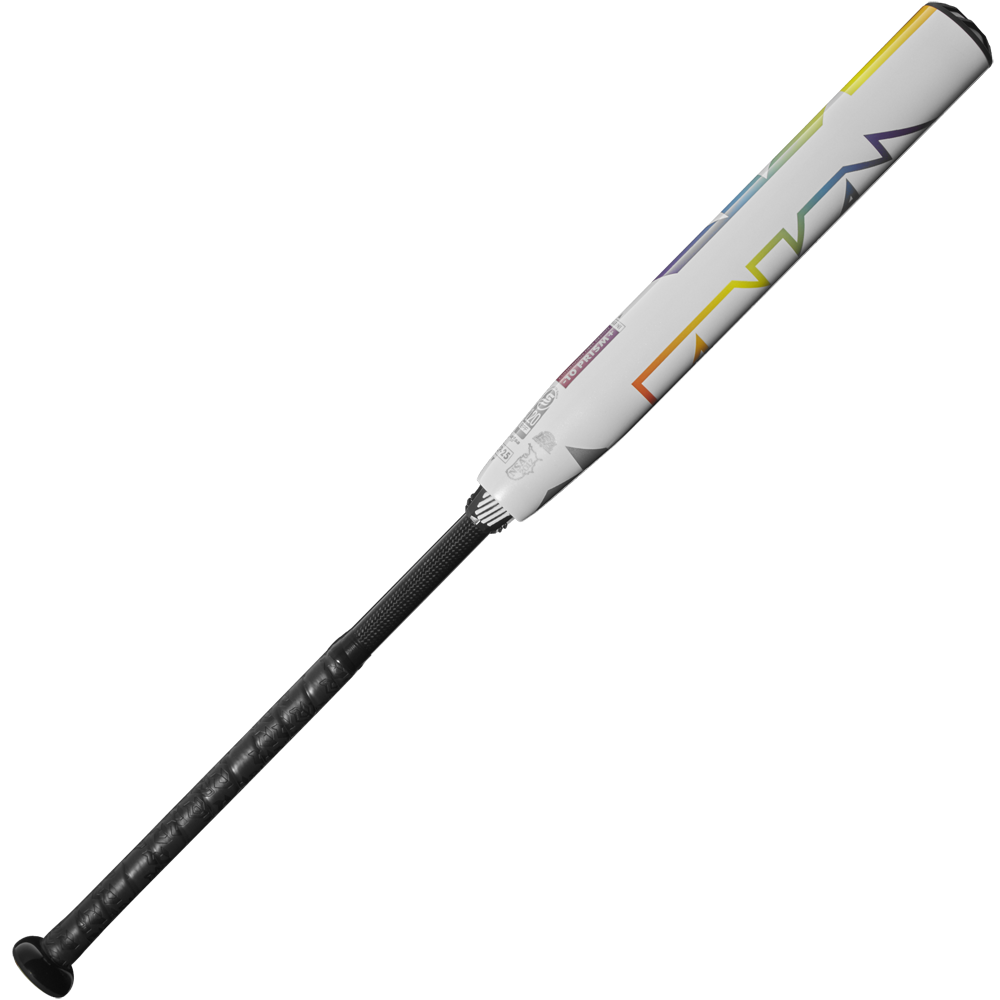 The 2025 DeMarini Prism+ (-10) Fastpitch Softball Bat (WBD2548010) features a white barrel with colorful, abstract designs, a black grip, and balanced swing weight. Shown on a plain white background.