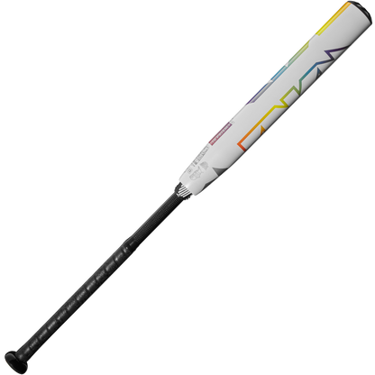 The 2025 DeMarini Prism+ (-10) Fastpitch Softball Bat (WBD2548010) features a white barrel with colorful, abstract designs, a black grip, and balanced swing weight. Shown on a plain white background.