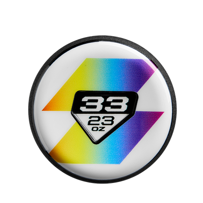 A round white object with a black border, featuring a colorful gradient chevron and "33 23 oz" in black—ideal to showcase balanced swing weight for the DeMarini 2025 Prism+ (-10) Fastpitch Softball Bat (WBD2548010).