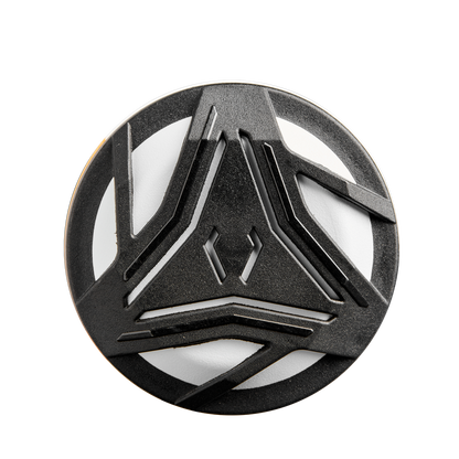 A circular object with a white background and black geometric lines forms a symmetrical, abstract pattern—similar to the precise design of the 2025 DeMarini Prism+ (-10) Fastpitch Softball Bat: WBD2548010 by DeMarini.