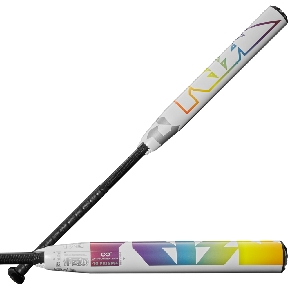 Two DeMarini 2025 Prism+ (-10) Fastpitch Softball Bats with bold geometric rainbow barrels and black textured grips are arranged diagonally on a white background, showcasing their balanced swing weight.