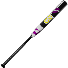 The 2025 DeMarini CF (-11) Fastpitch Softball Bat (WBD2549010) showcases black, white, and gray colors with purple and yellow geometric accents, a textured black grip, and an advanced Paraflex Plus Composite barrel.