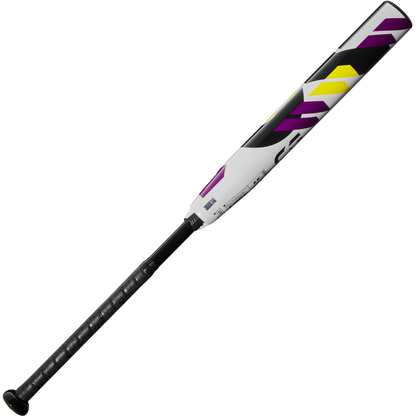 The 2025 DeMarini CF (-11) Fastpitch Softball Bat (WBD2549010) features a black handle, white barrel with purple, yellow, and black geometric designs, and is crafted from Paraflex Plus Composite for ultimate performance.