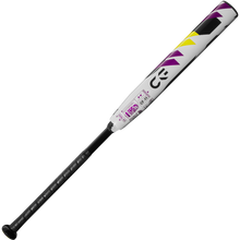 The 2025 DeMarini CF (-11) Fastpitch Softball Bat (WBD2549010) features a white and purple design, Paraflex Plus Composite construction, yellow and purple geometric barrel accents, “CF” branding near the top, and a black grip tape handle.