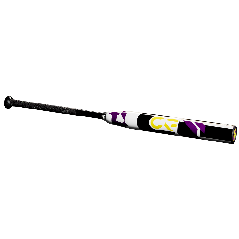 The 2025 DeMarini CF (-11) Fastpitch Softball Bat (WBD2549010) features black, white, yellow, and purple colors, a Paraflex Plus Composite barrel, and a textured black grip. Displayed on a plain white background.