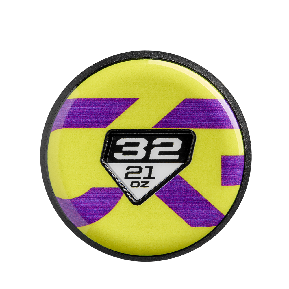 A round badge with a yellow and purple background shows 32 in bold white over 21 oz inside a black-and-white shield, highlighting the DeMarini 2025 CF (-11) Fastpitch Softball Bat’s advanced Paraflex Plus Composite technology.