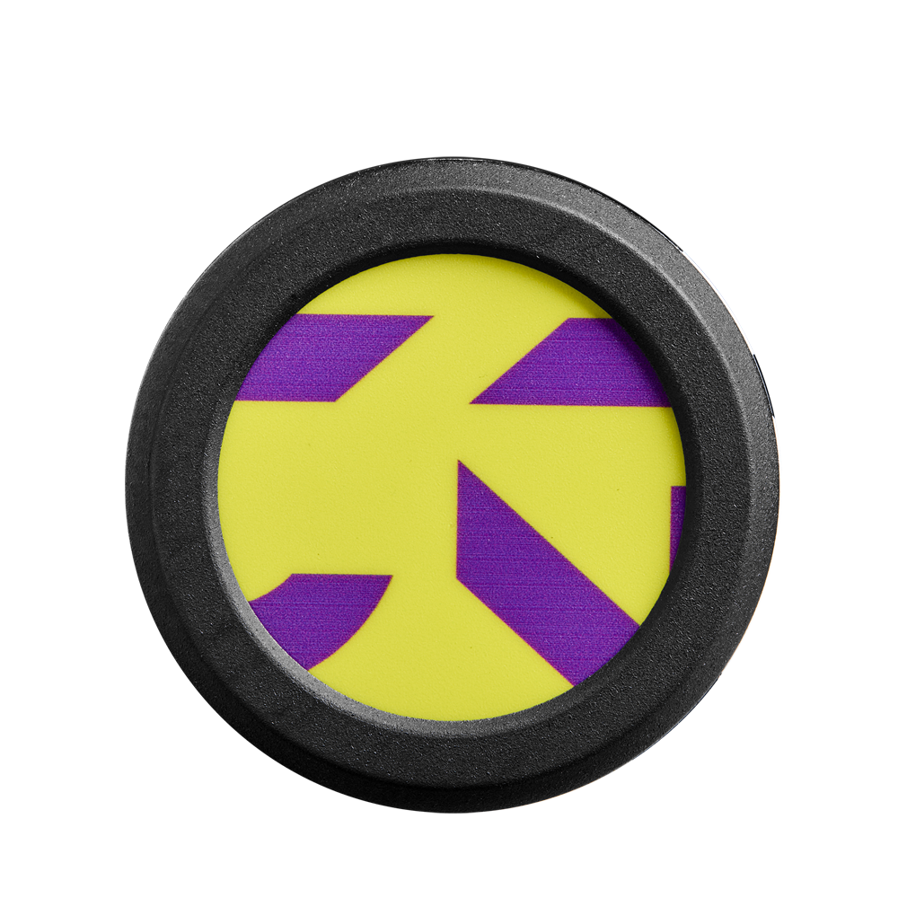 A round black frame surrounds a yellow background with bold purple geometric shapes, echoing the dynamic energy of the 2025 DeMarini CF (-11) Fastpitch Softball Bat: WBD2549010 by DeMarini.