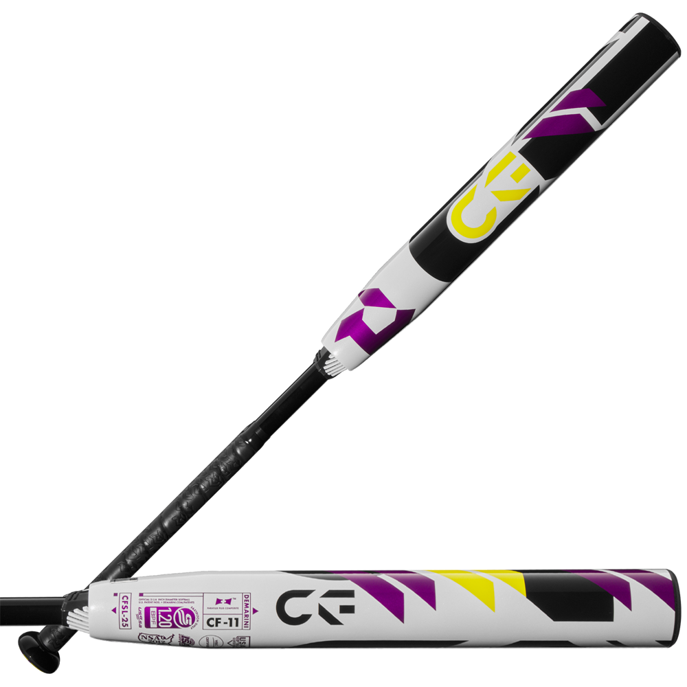 Two white 2025 DeMarini CF (-11) Fastpitch Softball Bats (WBD2549010) with purple, yellow, and black geometric designs are arranged in an X shape on a plain white background—one upright, one horizontal.