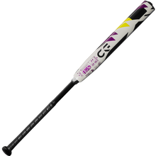 The 2025 DeMarini CF (-10) Fastpitch Softball Bat (WBD2550010) features a black handle, white barrel with purple, yellow, and black accents, and Paraflex Plus Composite for optimal performance.
