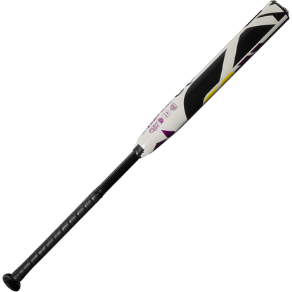 The 2025 DeMarini CF (-10) Fastpitch Softball Bat (WBD2550010) features a black handle, white barrel with purple, black, and yellow angular designs, and is made from Paraflex Plus Composite. Displayed on a white background.