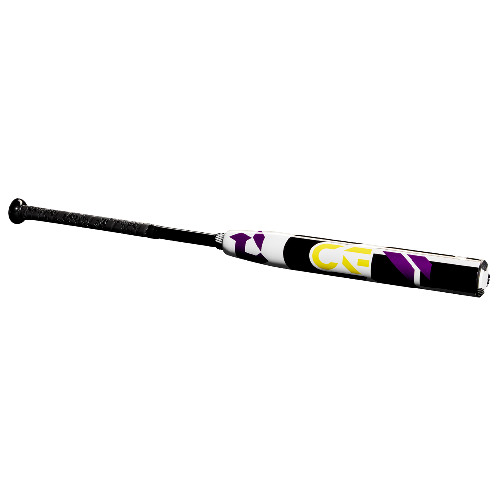 The 2025 DeMarini CF (-10) Fastpitch Softball Bat (WBD2550010) features a patterned grip and a white barrel with purple, black, and yellow geometric designs. Crafted from Paraflex Plus Composite, it’s displayed on a plain white background.