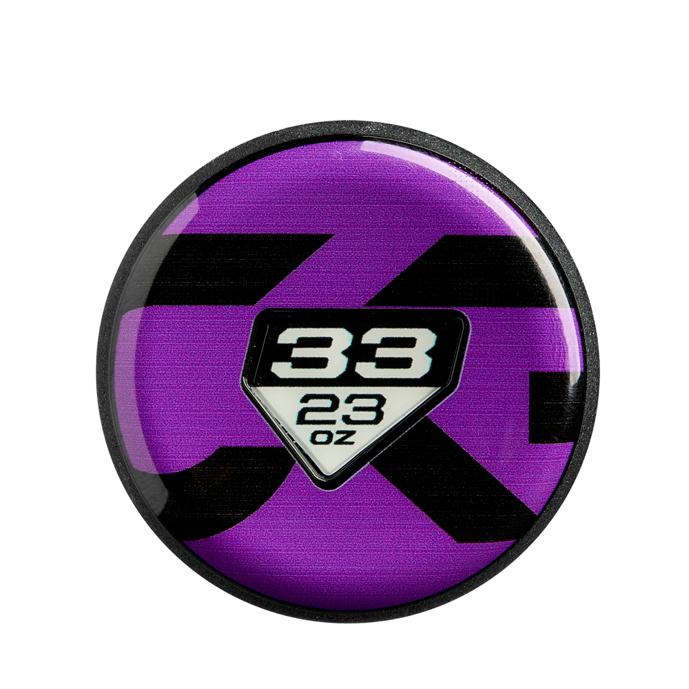 Inspired by the advanced Paraflex Plus Composite in DeMarini's 2025 CF (-10) Fastpitch Softball Bat (WBD2550010), this round purple hockey puck features bold black markings and a white shield displaying "38" and "2.3 oz" in black text.