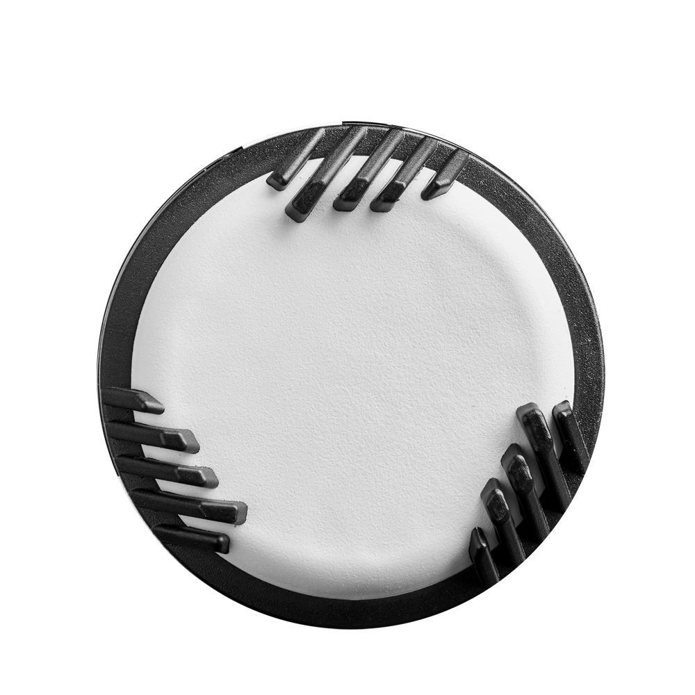 A round white cake with smooth frosting and clusters of dark chocolate pieces along the edge is showcased on a plain white background—elegant and precise, just like the 2025 DeMarini CF (-10) Fastpitch Softball Bat: WBD2550010.