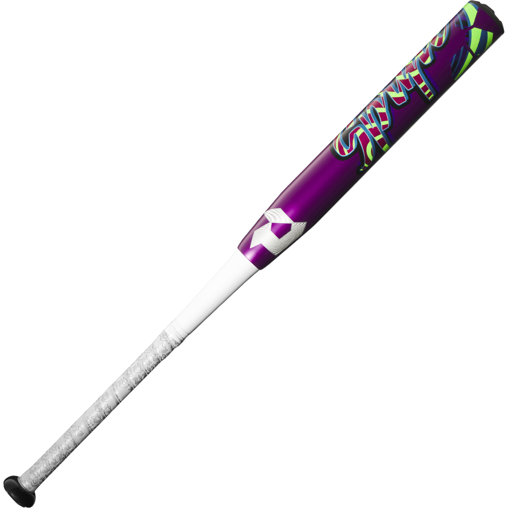 The 2025 DeMarini Spryte (-12) Fastpitch Softball Bat (WBD2553010) features a purple and white design with neon green and blue graffiti accents, plus a black handle grip wrapped in white tape, displayed on a plain white background.