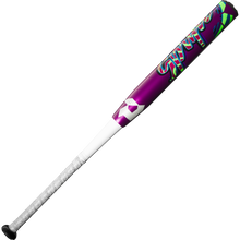 The 2025 DeMarini Spryte (-12) Fastpitch Softball Bat (WBD2553010) features a purple and white design with neon green and blue graffiti accents, plus a black handle grip wrapped in white tape, displayed on a plain white background.
