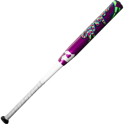 The 2025 DeMarini Spryte (-12) Fastpitch Softball Bat (WBD2553010) features a purple and white design with neon green and blue graffiti accents, plus a black handle grip wrapped in white tape, displayed on a plain white background.