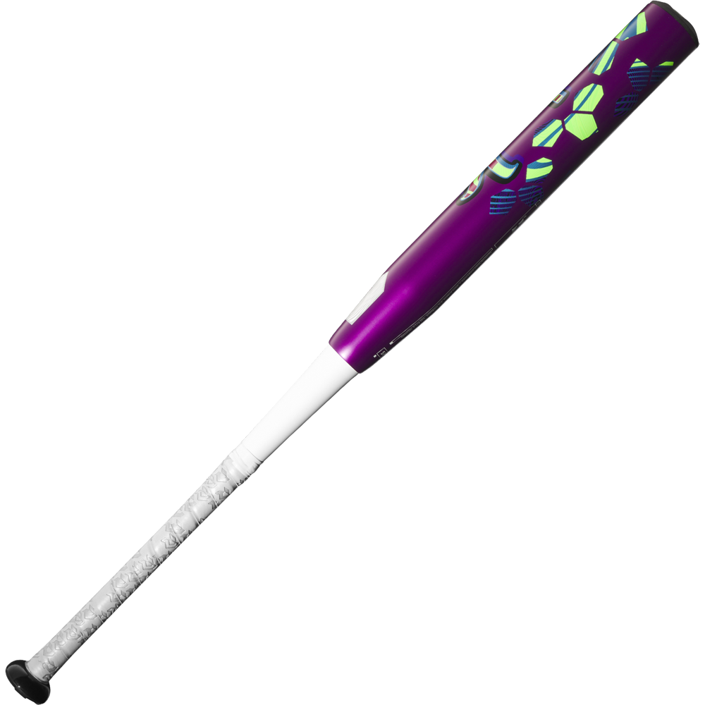 The 2025 DeMarini Spryte (-12) Fastpitch Softball Bat (WBD2553010) features a purple and white two-piece composite design.